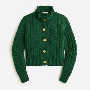 Cable-knit ruffleneck cardigan sweater